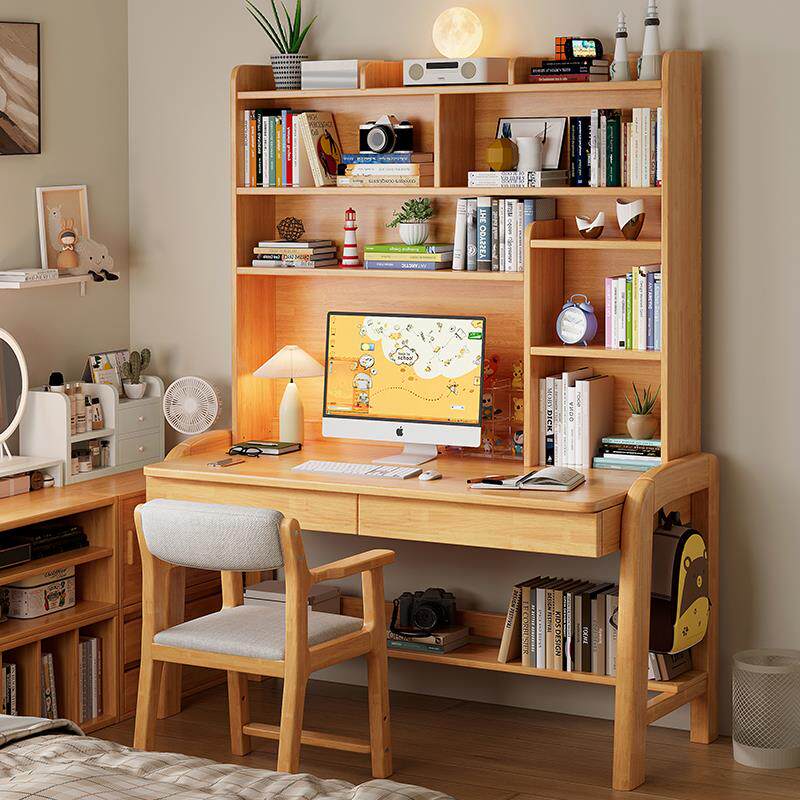 儿童学习桌实木书桌书架一体家用初中小学生写字卧室台式电脑桌