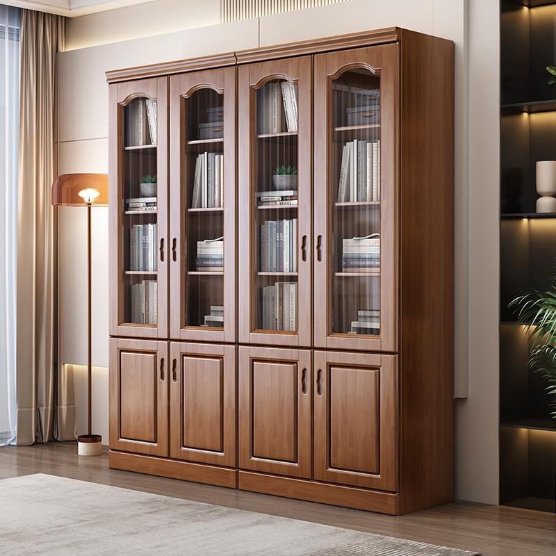 实木书柜家用落地柜带抽屉靠墙储物柜子简约中式办公室文件柜组合