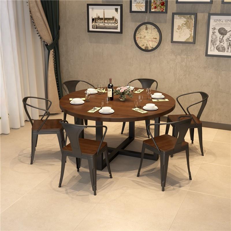 北欧酒吧圆桌实木工业风餐馆餐厅圆形餐桌做旧铁艺复古茶几吧台