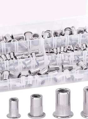 跨境 130PCS盒装5种尺寸/英制 304不锈钢铆钉螺纹平头拉铆螺母