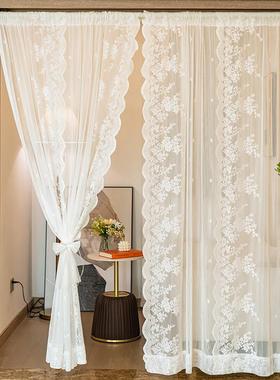 免打孔魔术贴窗帘纱帘帘法式白色蕾丝客厅阳台飘窗门帘隔断穿杆帘