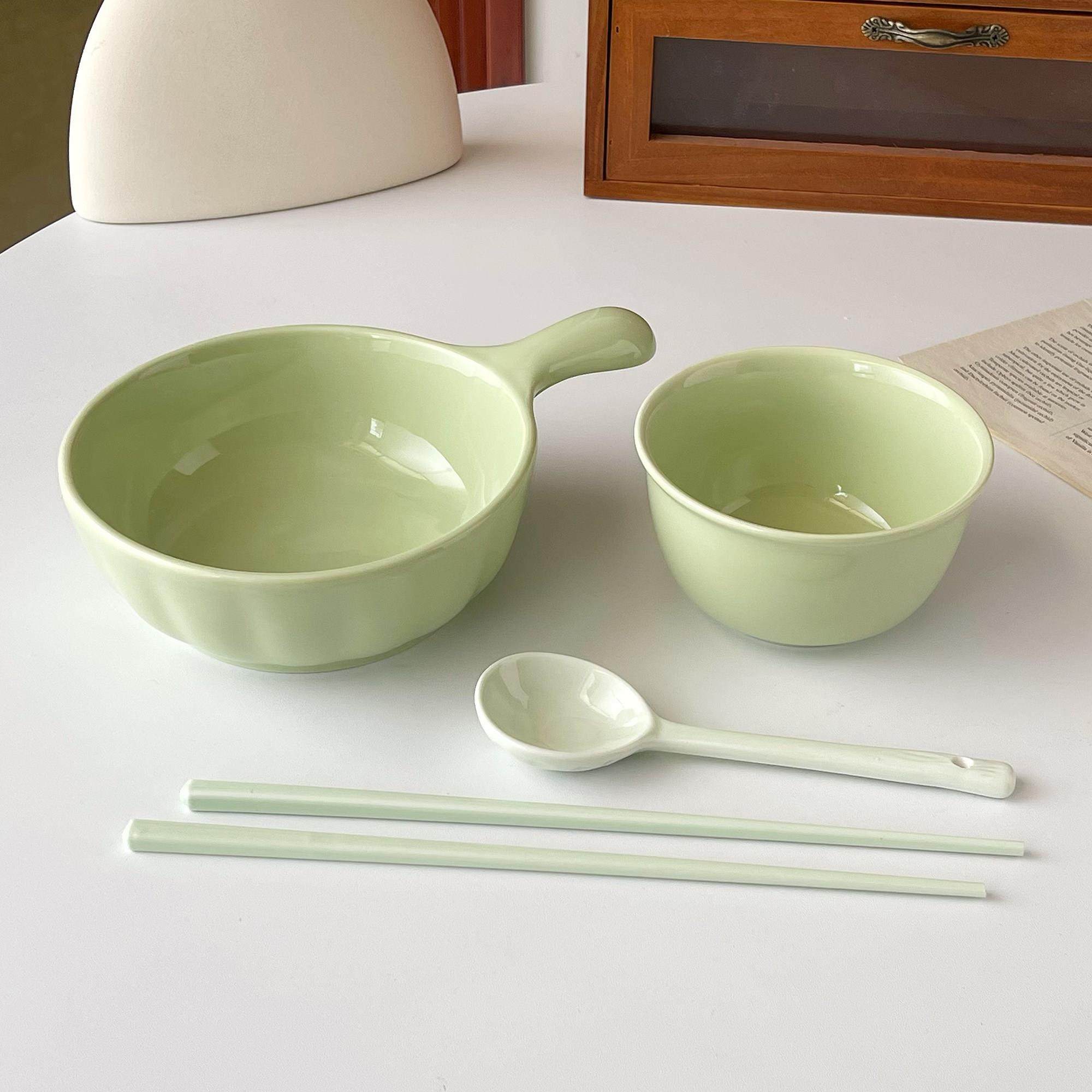 【手柄碗4件套】一人食陶瓷米饭碗勺筷子餐具套组水果沙拉蔬菜碗,餐饮具,碗,淘宝优惠券,粉丝福利购,淘宝优惠卷