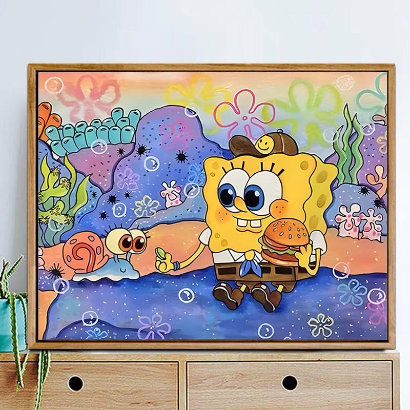 卡通儿童钻石画2024新款海绵宝宝小幅手工贴钻十字绣卧室床头满钻