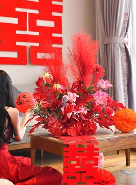 结婚客厅婚礼装饰桌面茶几喜字彷真地排花kt摆件订婚婚房床头装饰