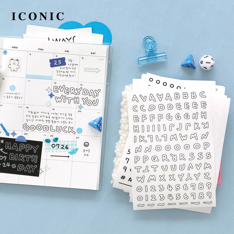 韩国ICONIC可爱手写字体字母数字符号贴纸套装6张/套PP材质手帐相册文具手工DIY可爱学生文艺青年黑白色