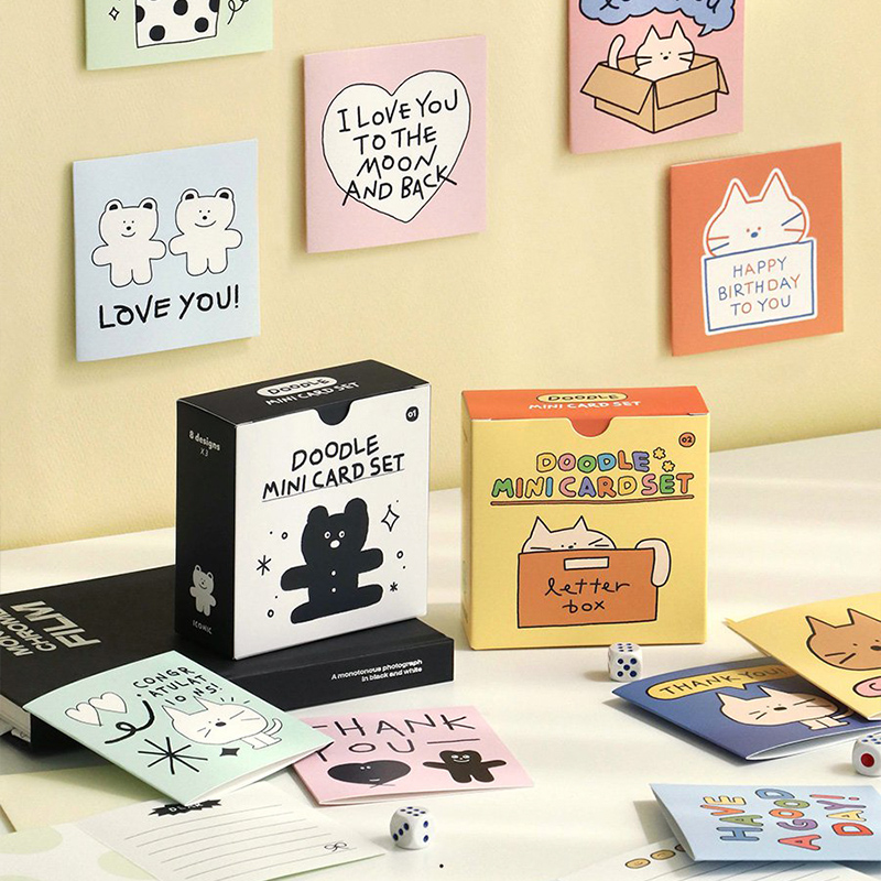 韩国ICONIC DOODLE可爱手绘风插画印花迷你卡片明信片留言卡套装24枚生日告白祝福贺卡赠礼附言盒装书写顺滑