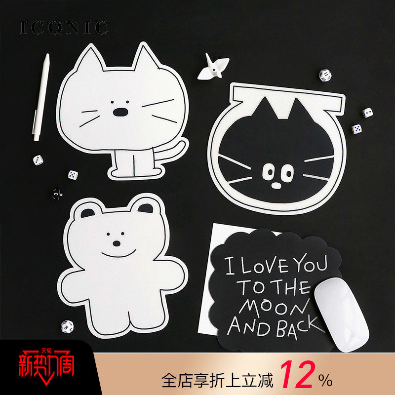韩国ICONIC DOODLE黑白色可爱卡通插画创意造型鼠标垫底