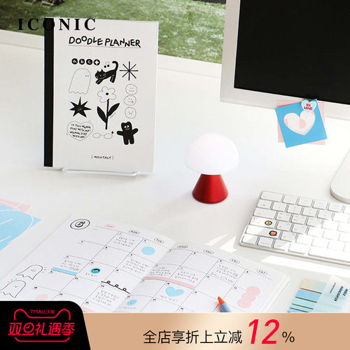 韩国ICONIC DOODLE手绘涂鸦插画主题自填日期月计划手帐日程管理笔记本A5变型尺寸PVC保护封皮轻薄便携顺滑