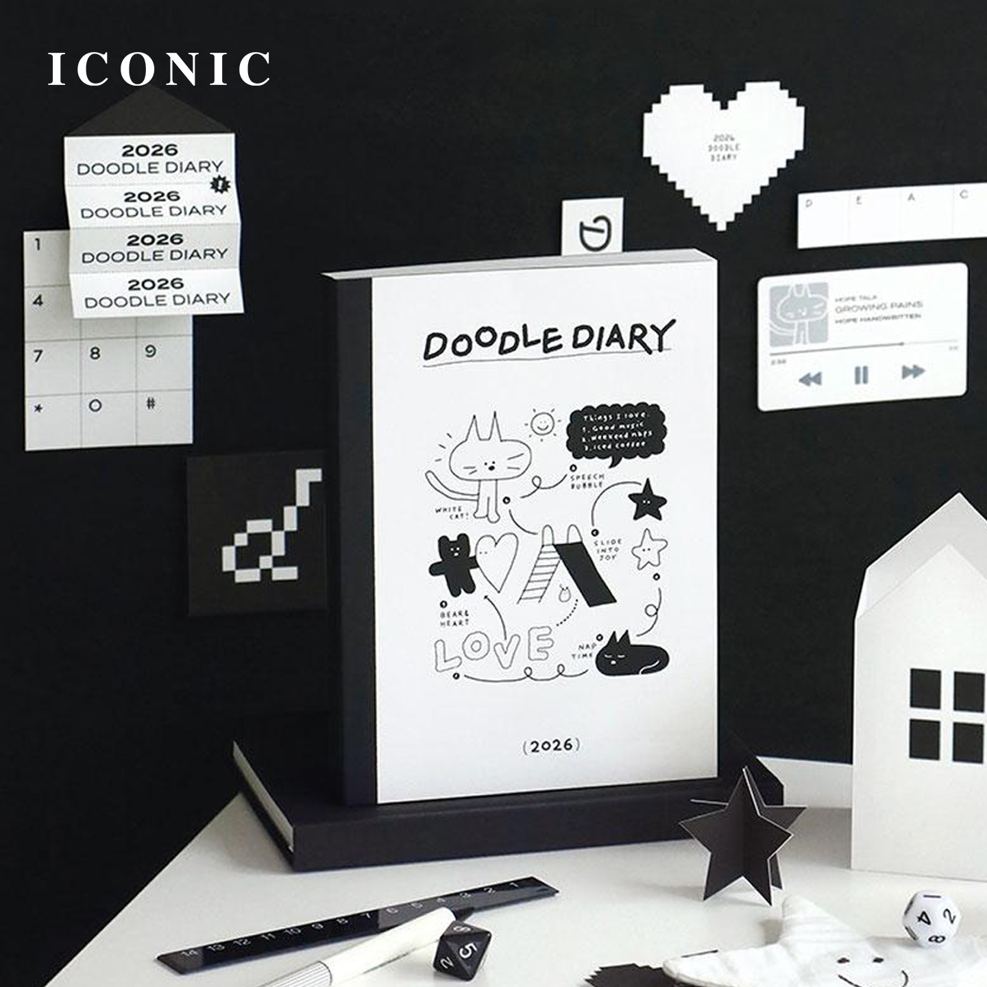 【2026年】韩国ICONIC DOODLE手绘风格封面插画主题内页A5变型周计划手帐日程管理笔记记事本PVC保护封皮学生