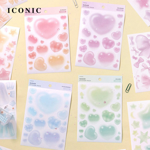 韩国ICONIC糖果色手帐创意装饰贴纸套装可书写桃子葡萄蓝莓青柠主题色手帐相册贺卡装饰DIY星星桃心蝴蝶结