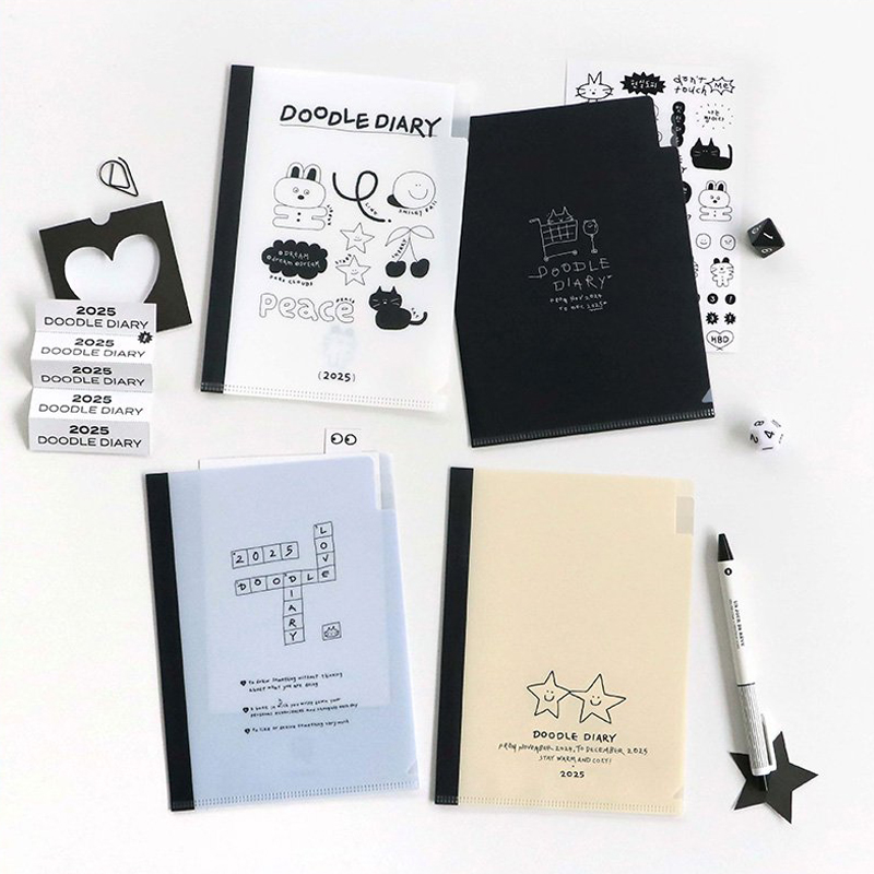 【3折特惠】2025年韩国ICONIC DOODLE手绘风格封面内页印花A5变型周计划手帐日程管理笔记本PVC保护封皮学生