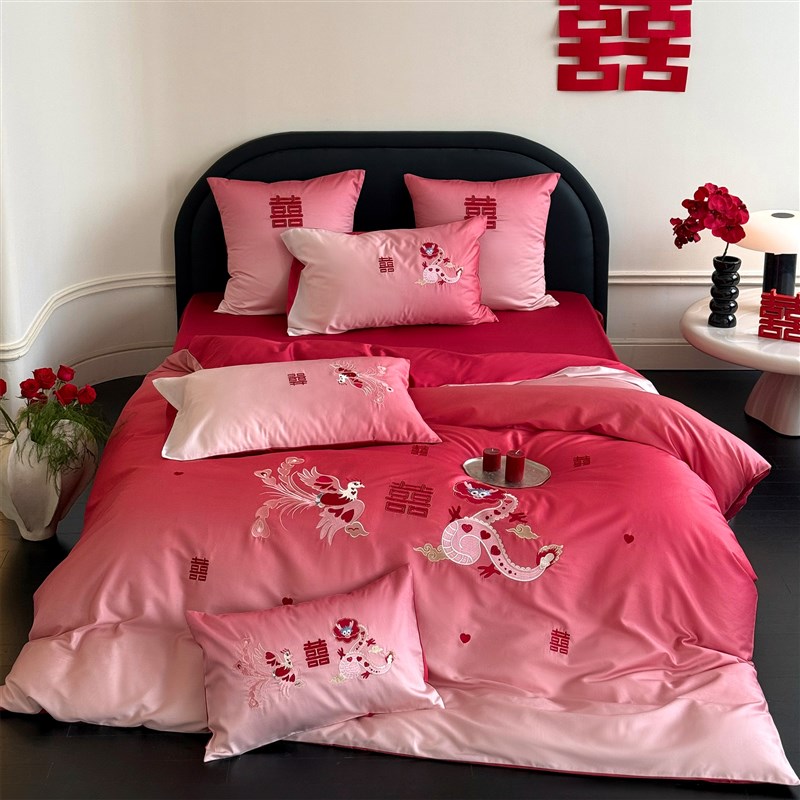 新婚卡通龙凤刺绣婚庆四件套全棉长绒棉渐变红色结婚被套床单床笠
