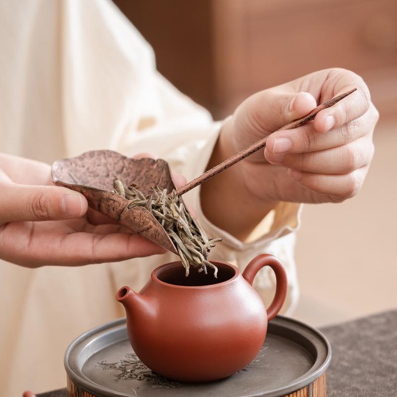 荷叶铜制茶则组两件套铜勺赏茶荷茶匙茶铲茶拨分茶器纯铜分茶勺