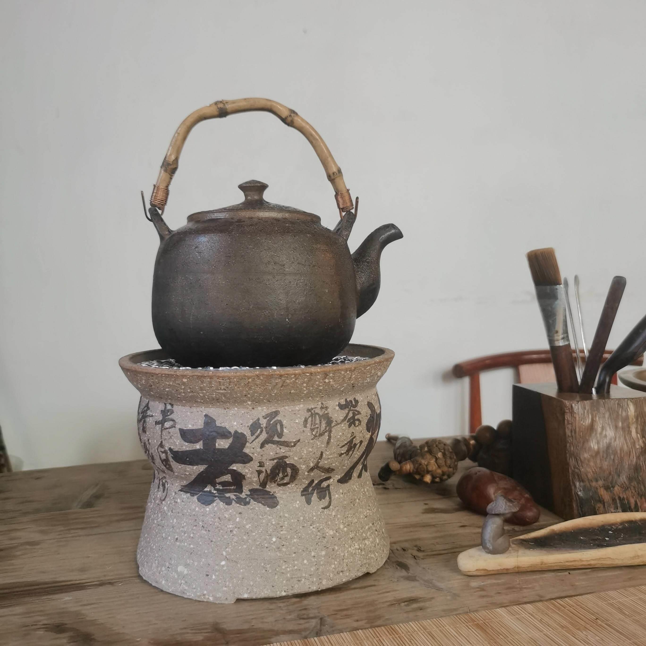 围炉煮茶提梁壶电炉炭火炉柴烧全手工壶纯手做柴烧富硒老岩泥茶具