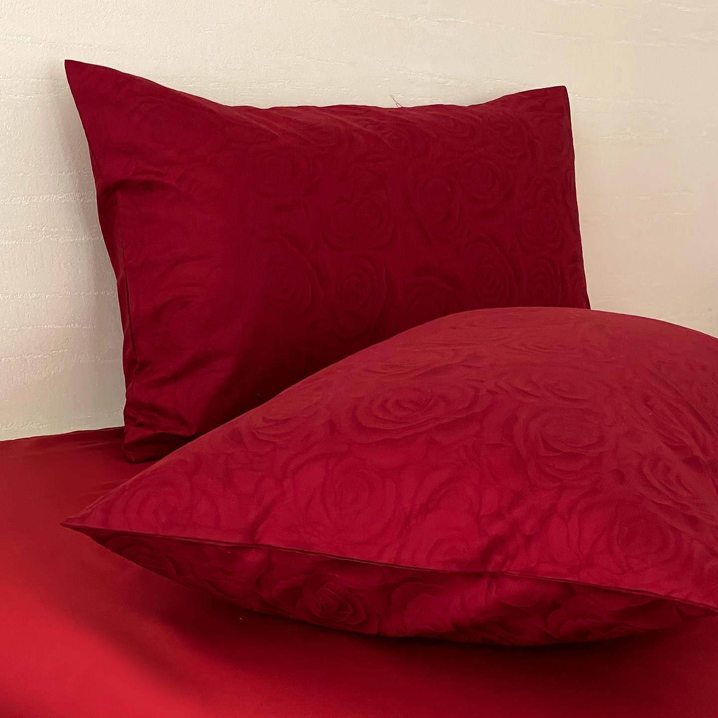 玫瑰有喜简约款枕套100S长绒棉大红色玫瑰花喜庆结婚庆枕头套一对