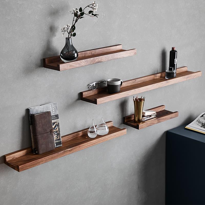 墙上置物架实木墙面一字隔板桌面卧室壁挂层板搁板黑胡桃木板定制