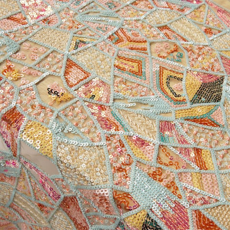 S15重工色织几何图形菱形立体亮片绣花软网纱布料服装旗袍面料