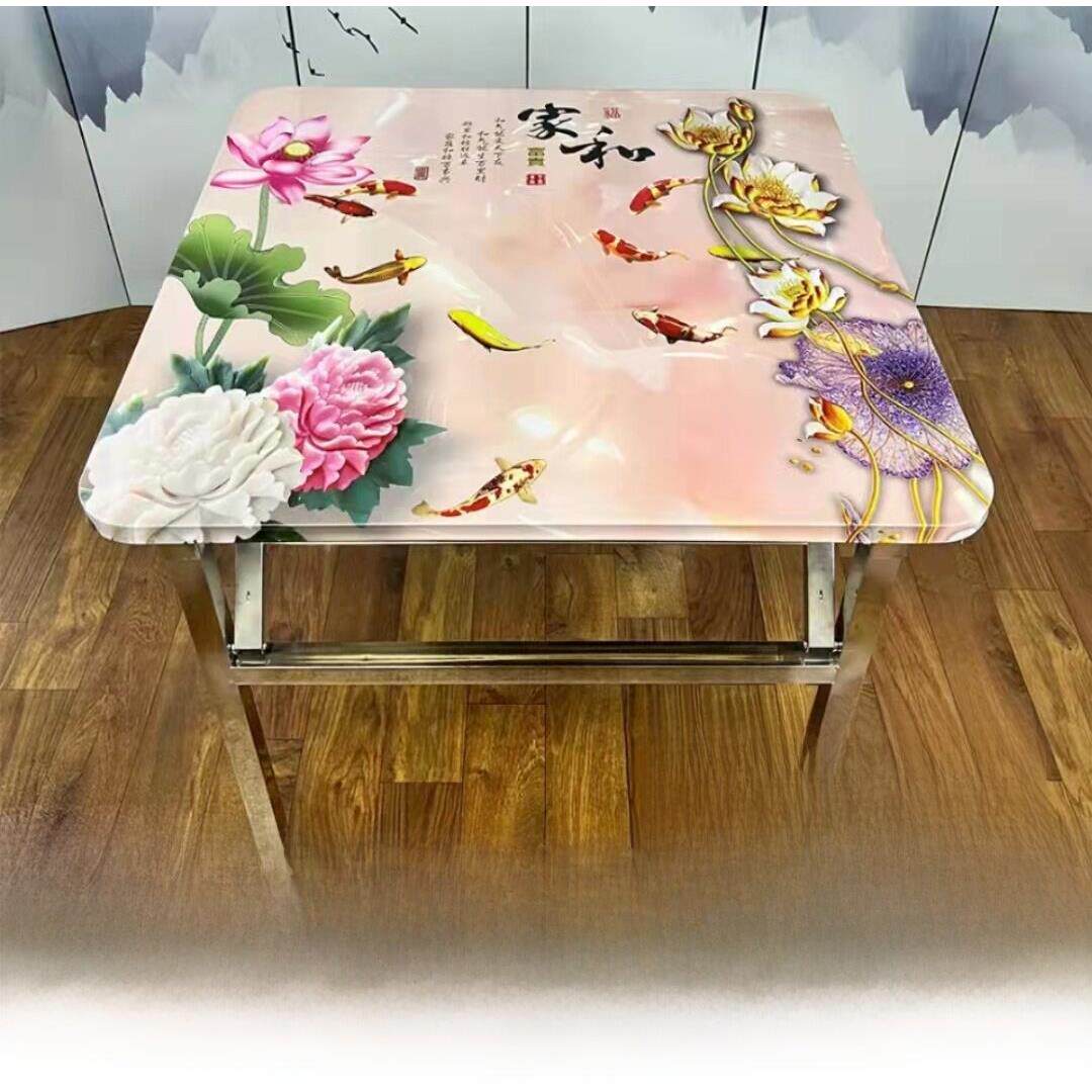 加厚不锈钢折叠方桌彩色餐桌带图案折叠桌方桌彩图连体折叠烤火桌