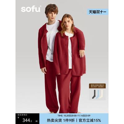 sofu红色半边绒家居服女秋冬2025新款情侣开衫结婚本命年睡衣套装