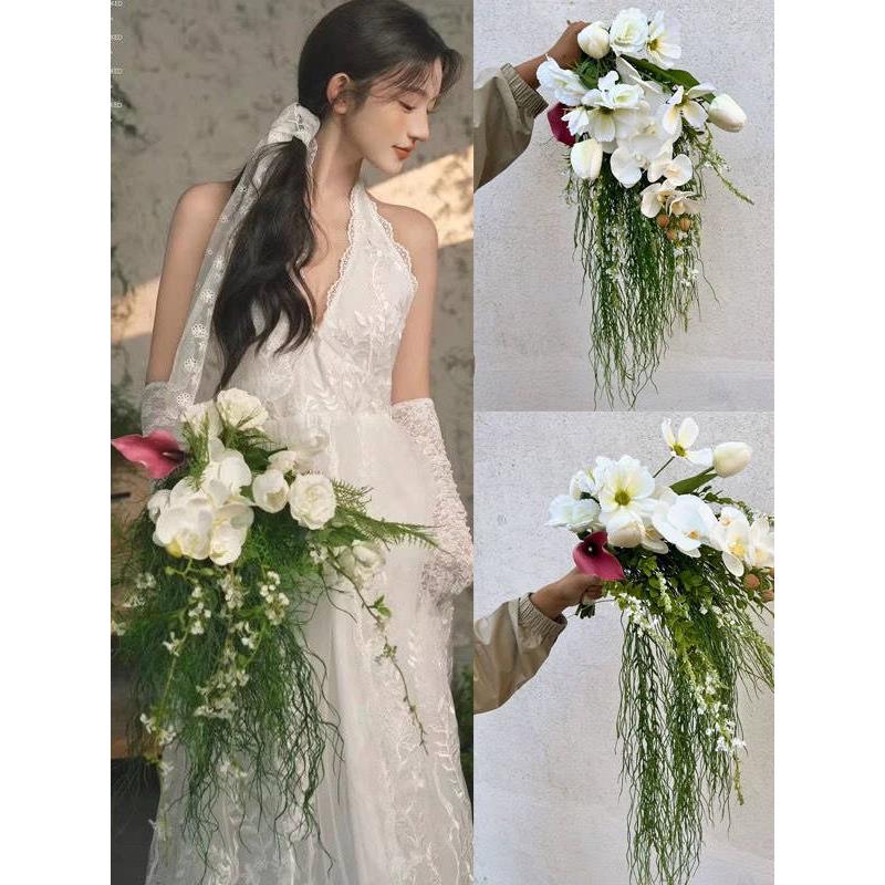 森系旅拍园林风婚纱摄影道具美学拍照婚礼瀑布水滴彷真新娘手捧花