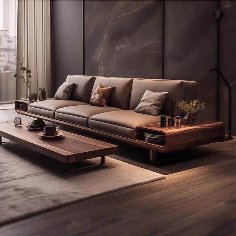 新中式实木真皮沙发组合别墅客厅高级感三人位黑胡桃木直排沙发