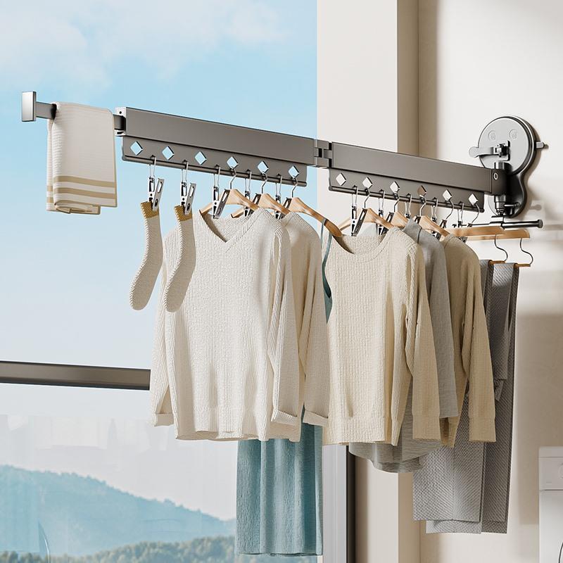 德国进口强力吸盘晾衣架折叠免打孔玻璃隐形伸缩窗户壁挂式晾衣杆