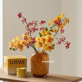 橘颂组合·梦鹿仿真花 桔黄蕙兰火焰百合青藤果琥珀花瓶桌面花束