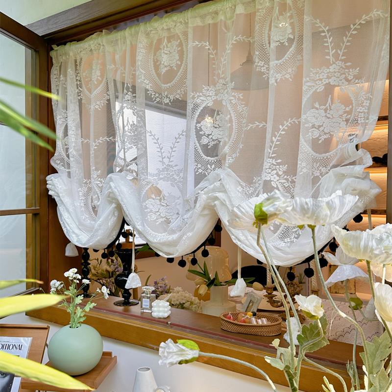 法式复古赫本宫廷风洛可可蕾丝花边提拉帘厨房小窗户短帘半帘门帘