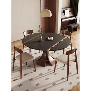 板岩实木餐桌可变圆桌小公寓可伸缩可折叠纯黑色覆古餐桌中世纪风