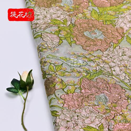 中国风宫廷复古金丝花鸟提花欧根纱料金丝汉服华丽洋装礼服面料