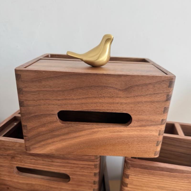 北美黑胡桃木收纳盒实木质客厅纸巾盒小鸟纸巾盒家用办公卫生纸盒