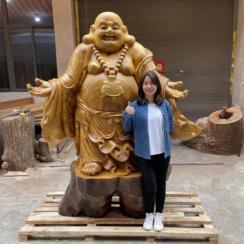 木雕弥勒佛招财摆件，根雕，实木大五子彩子笑，大肚佛像，红木，