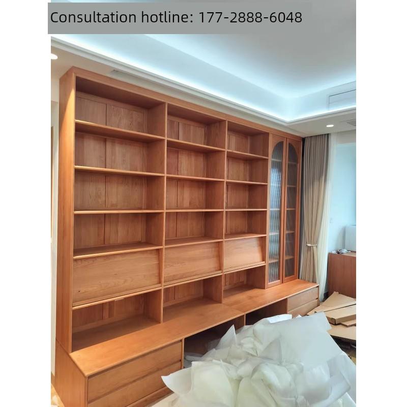 日式原木客厅樱桃木黑胡桃木书柜带卡座书橱定制客厅满墙书柜书架