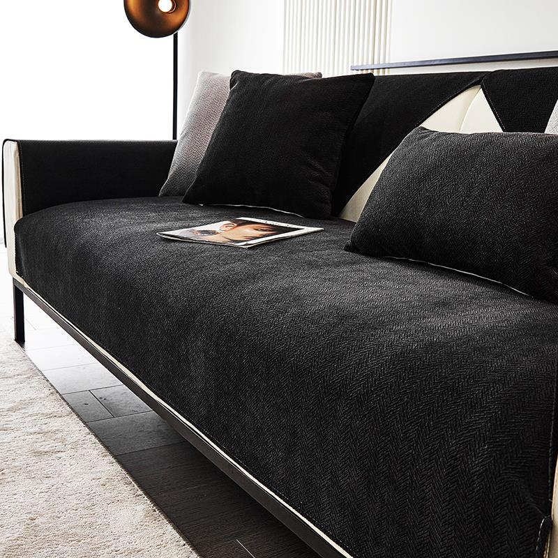 黑色雪尼尔沙发垫纯色极简现代创意坐垫四季通用防滑皮沙发盖巾罩