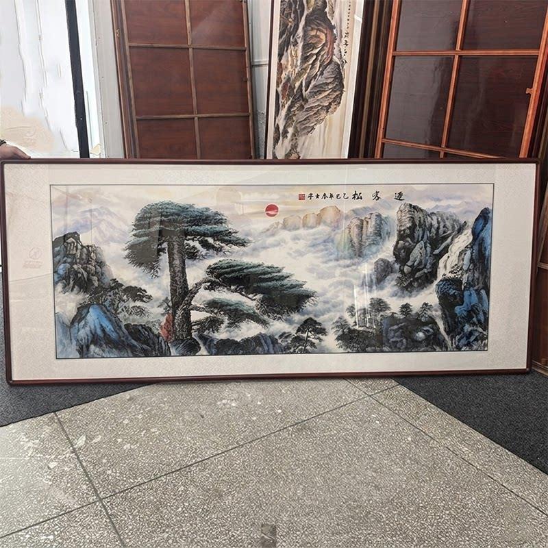 纯手绘真迹国画迎客松山水画装饰画客厅装饰画办公室挂画茶室背景