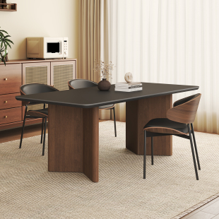 意式 极简小户型长方形家用客厅现代简约岩板餐桌轻奢组合实木桌脚