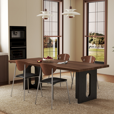 意式轻奢胡桃色岩板餐桌椅组合家用现代极简小户型长方形下挂饭桌