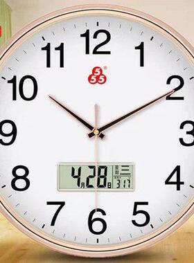 上海三五牌555时钟挂墙钟表客厅卧室简约石英钟静音电子液显挂钟