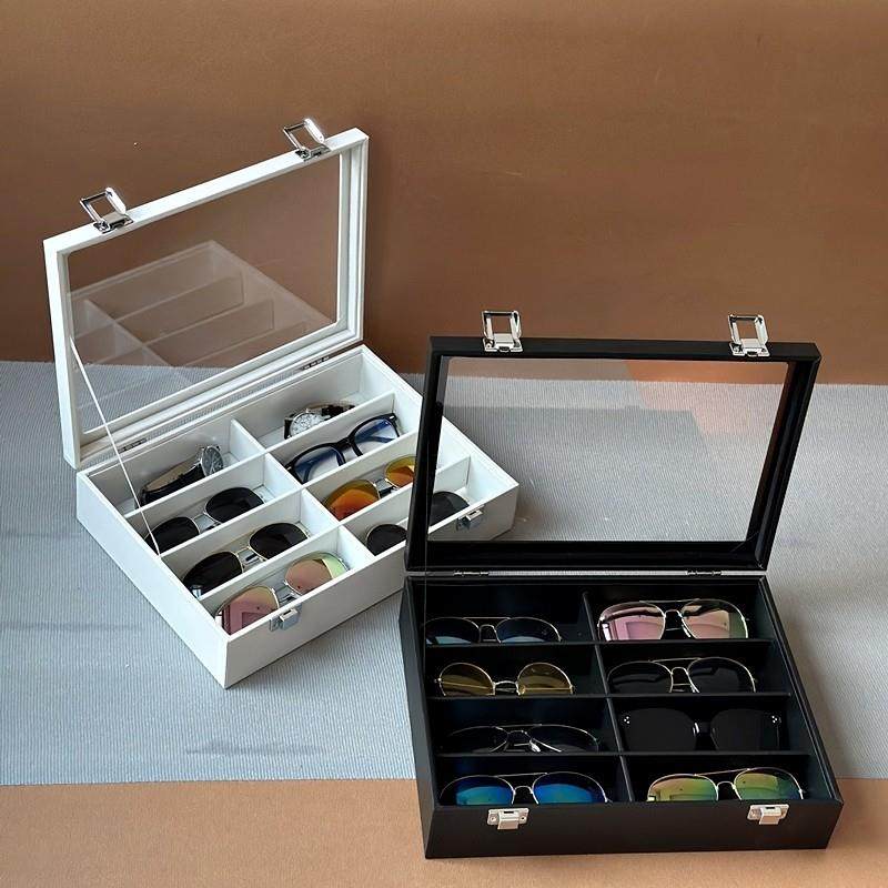 复古眼镜收纳盒黑色皮质绒布多格大容量太阳墨镜展示架高级玻璃盖,收纳整理,眼镜收纳盒,淘宝优惠券,粉丝福利购,淘宝优惠卷