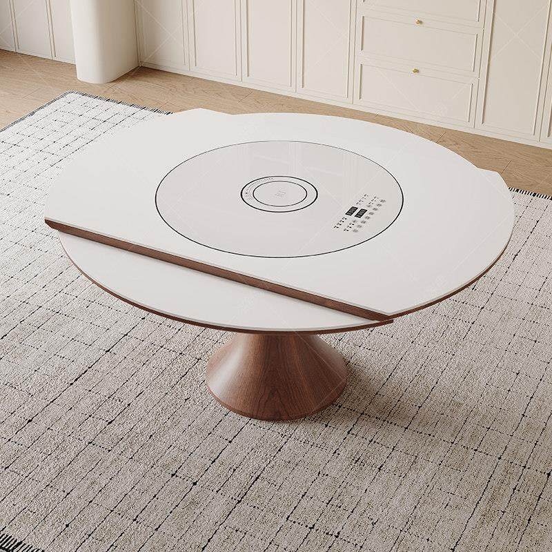 中古风岩板餐桌家用小户型带电磁炉转盘伸缩覆古实木圆桌胡桃木色,住宅家具,岩板餐桌,淘宝优惠券,粉丝福利购,淘宝优惠卷