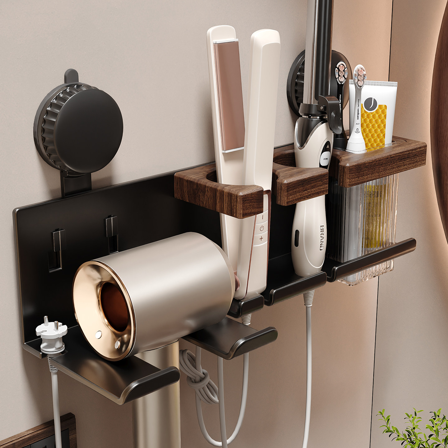 胡桃木吸盘吹风机置物架免打孔壁挂式浴室电吹风筒卷发棒收纳支架