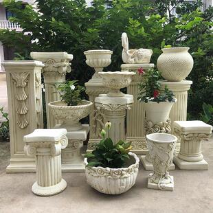 欧式罗马柱摆件边几落地装饰仿石膏复古花架花园花盆底座婚庆路引