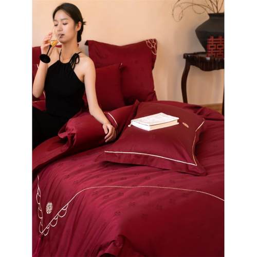 永洁同心红1000s长绒棉婚礼四件套幸福字提花被套床单婚礼床上用