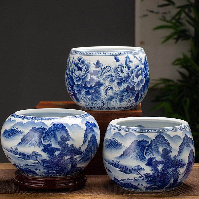 景德镇陶瓷器手绘青花瓷聚宝盆客厅玄关桌面中式装饰摆件招财鱼缸