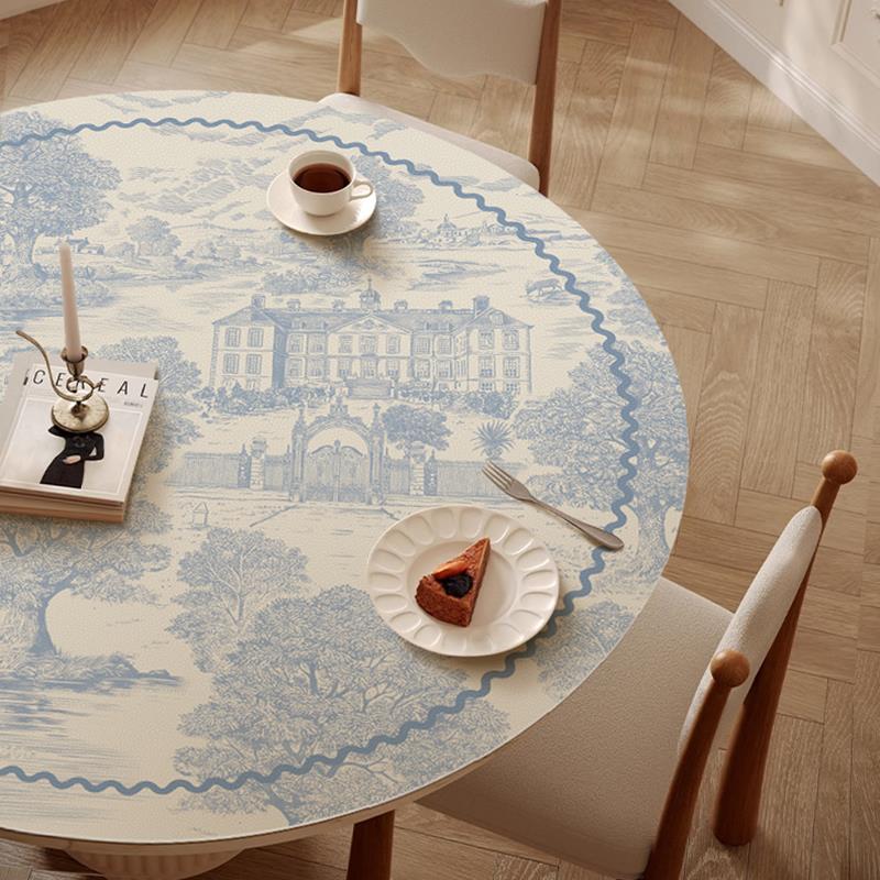 法式曼斯庄园圆形皮革餐桌垫茶几台桌布防水高级感圆桌保护垫台布
