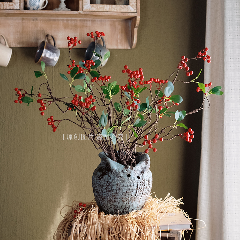 花喜季带叶红果发财果仿真假花摆件客厅干花装饰冬青树枝插花摆设