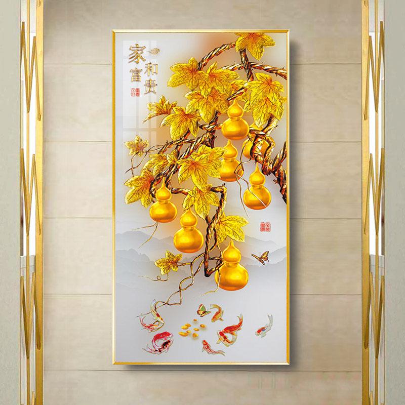 入户玄关金色葫芦晶瓷画客厅过道走廊竖版新中式镶钻石装饰装饰画