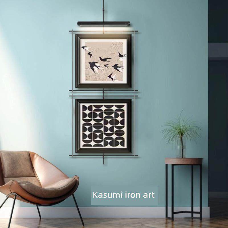 新中式玄关装饰画会所氛围壁灯画金属覆古吊杆挂画高级感餐厅壁饰