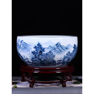 景德镇名师手绘陶瓷金鱼缸蓝白山水基客厅莲花睡莲盆风水摆件