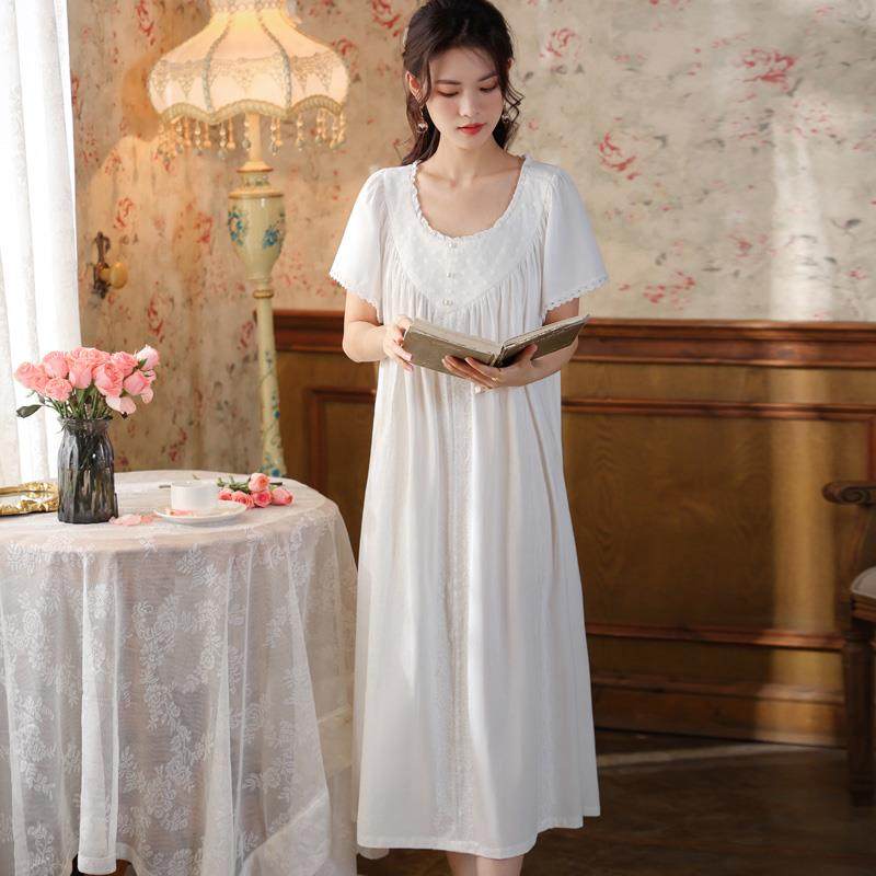纯棉宫廷风睡裙女夏短袖薄款蕾丝公主风少女法式睡衣中长款仙女裙